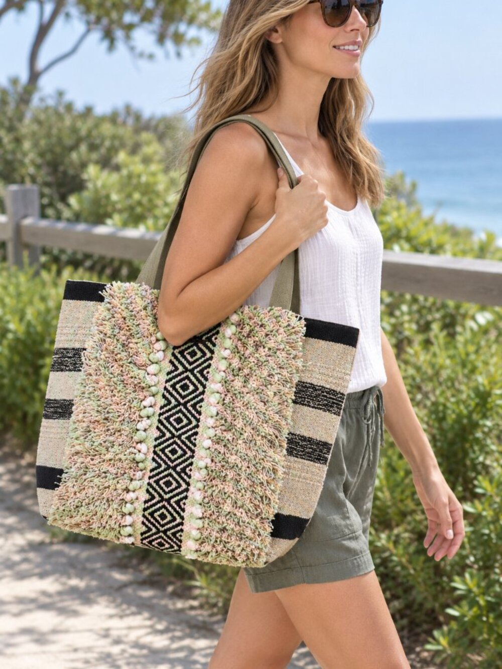 O'Neill Ascent Boho Woven Tote Bag Shaggy Fringe Neutral Black Beige Cream